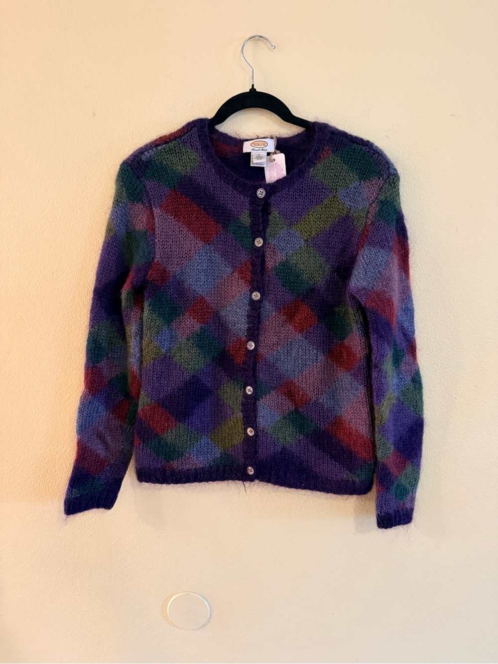 Talbots mohair blend hand knit Multi-Color Argyle Cardigan - Purple size small